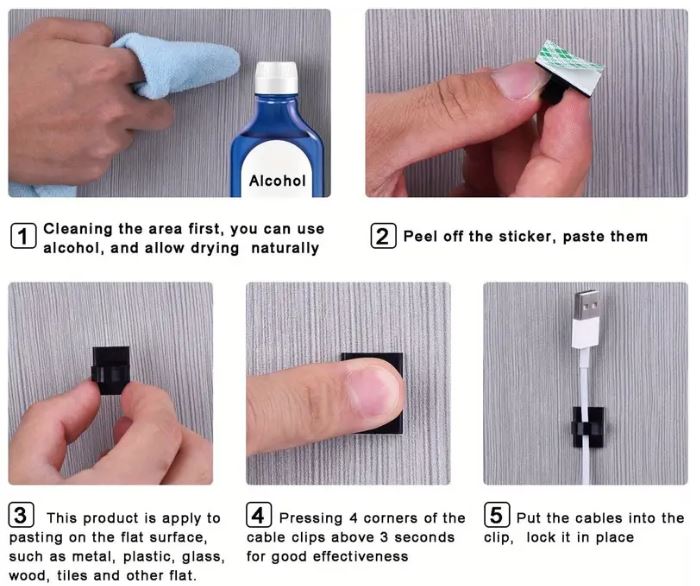 Adhesive Cable Clips - 10 Pcs